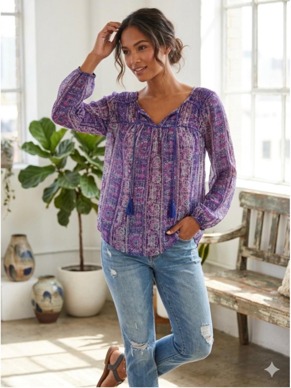American Eagle Purple Paisley Metallic Shimmer Boho Peasant Blouse Size M. 1955